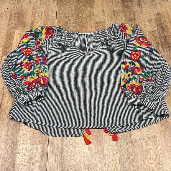 Anthropologie Tops - Floreat Soleil floral embroidered striped cotton peasant top w/ tassels Size XSP